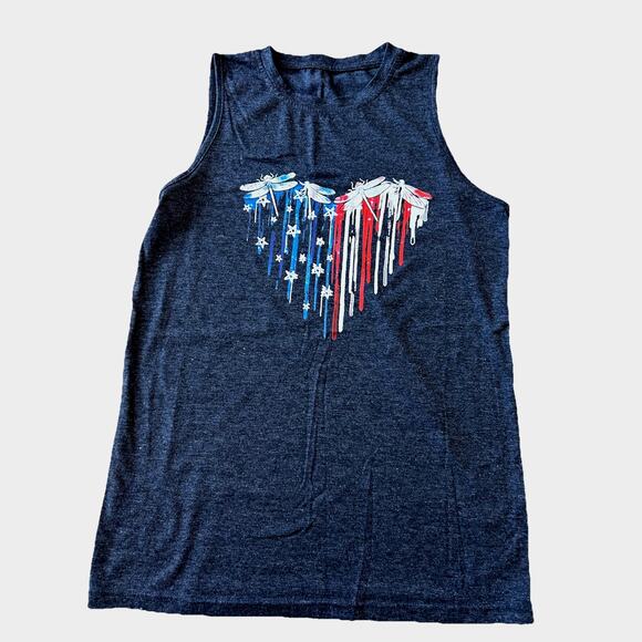 Women American Flag Tank Tops Dragon Fly Heart 4th July SOFT Patriotic Boho S/M - Picture 1 of 5
